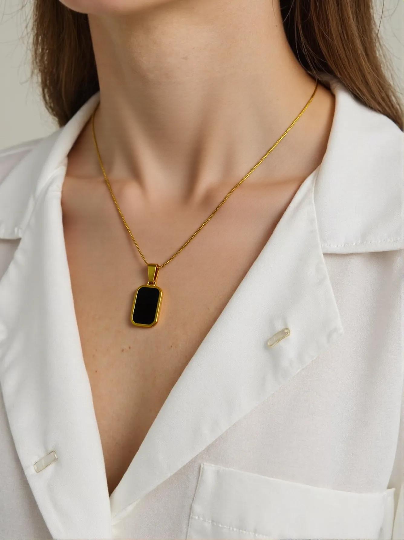 Sleek Gold & Black Enamel Pendant Necklace