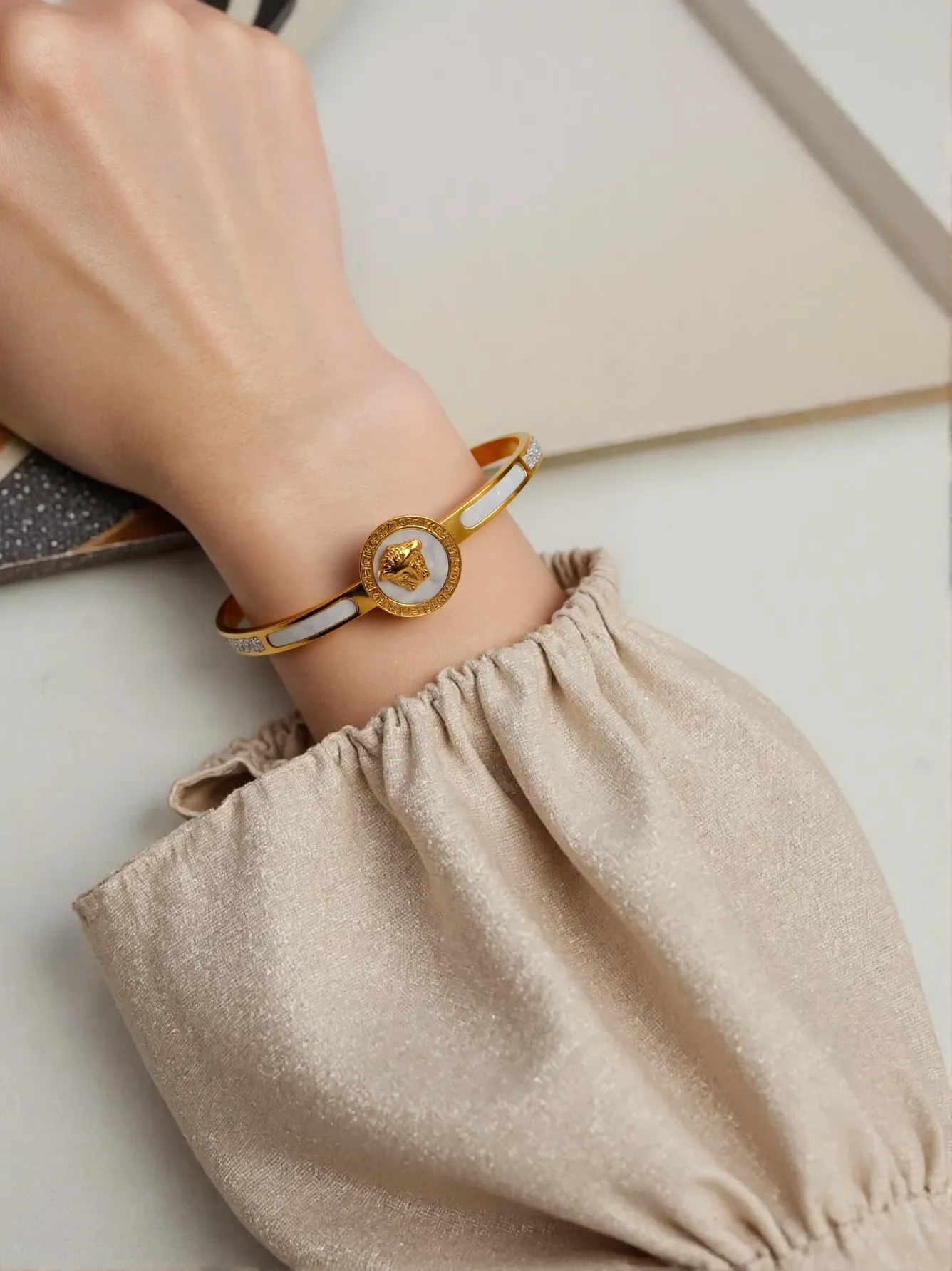 Gold Lion Head Bangle with Marble Detail